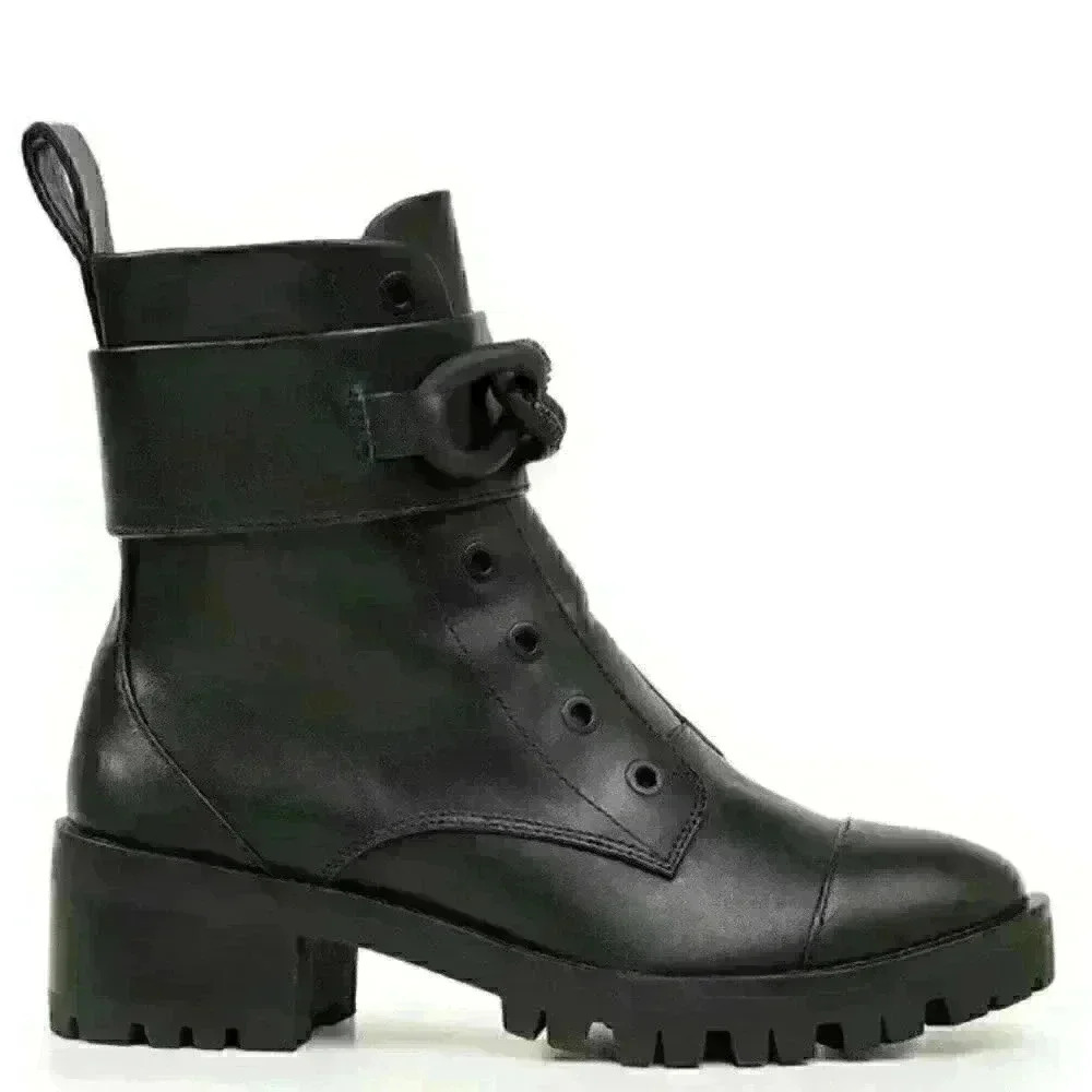 ❤️KARL LAGERFELD PARIS NIB Pepper Rhinestone Curb Link Combat Boots size 5 Black - Picture 3 of 8